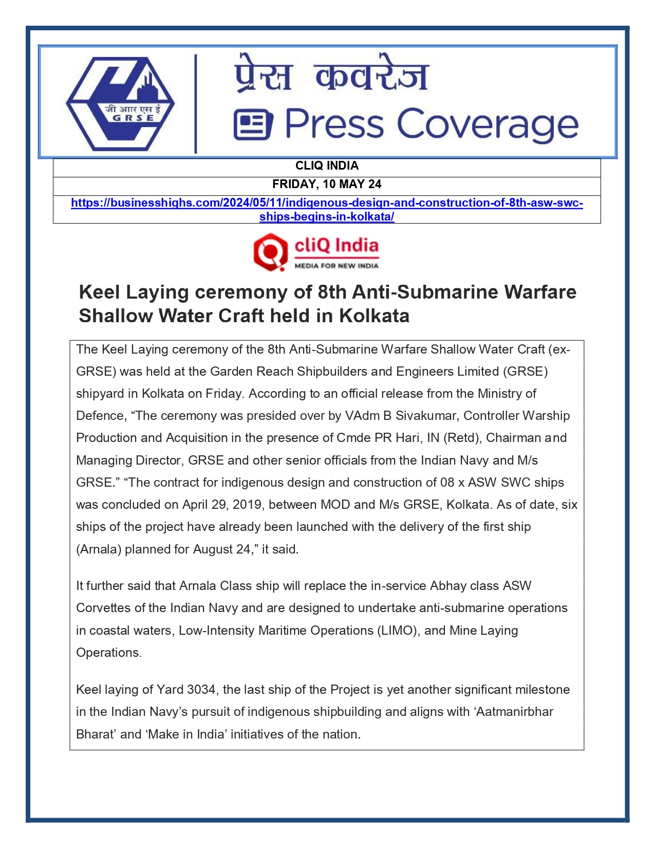 Press Coverage : Cliq India, 10 May 24 : Keel Laying Ceremony of 8th Anti-Submarine Warfare Shallow Water Craft held in Kolkata